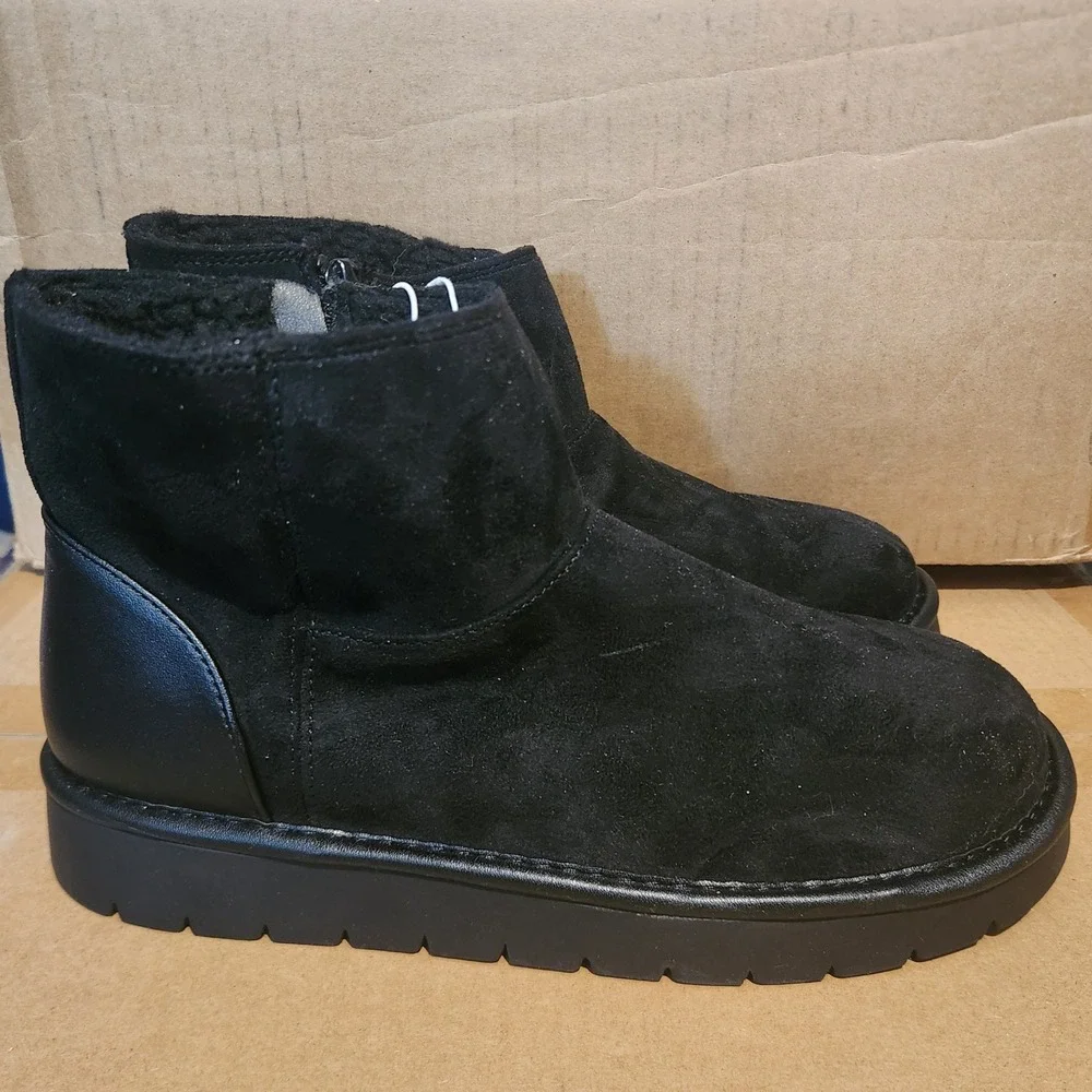 Cat & Jack Girls Black Suede Ankle Boots Side Zip Faux Fur Lined Size 5 NEW